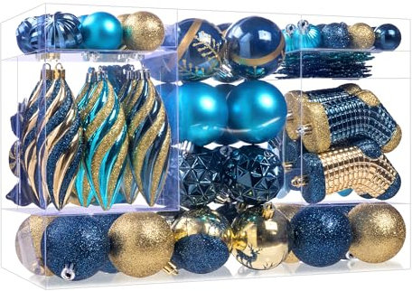 Juego de 87 adornos de bolas de Navidad, surtido inastillable, árbol colgante decorativo para árbol de Navidad, fiestas y decoración del hogar (azul y dorado)