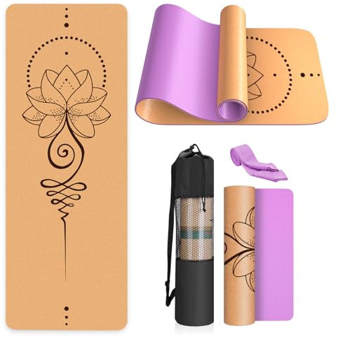 Haninj Tappetino da Yoga in Sughero Antiscivolo - Materassino Fitness per Sport Pilates Ginnastica183X61Cm con Tracolla e sacca,per Casa, Pilates, Aerobica, Palestra E Allenamento-violette-lotus