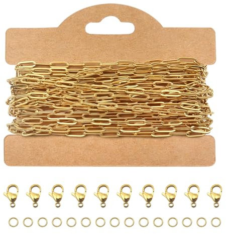 TOAOB Gold 5M Gliederkette Chain 3mm x 9mm Edelstahl Kabel Metallkette Kette Meterware Halsketten Kette Bulk mit 30 Sprung Ringe und 10 Karabiner Verschlüsse für DIY Schmuck