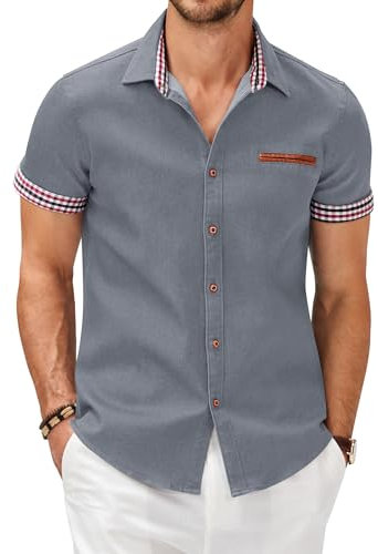COOFANDY Men's Denim Shirt Short Sleeve Button Down Western Cowboy Smart Casual Non Iron Summer Cotton Regular Fit Work Beach Business Wear Light Gray XXL