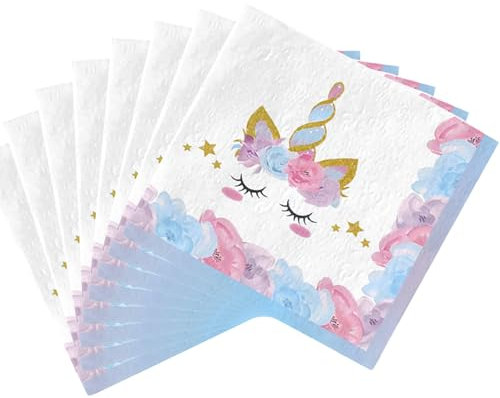 POPOYU Lot de 20 serviettes de table en papier motif licorne - Décoration de table - Violet - 33 x 33 cm - Accessoires de fête d'anniversaire d'enfant pour fille