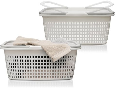 Hausfelder Wäschekorb 58x37x25cm weiß 2er Set, Wäschekörbe und Wäschewanne 35l aus Kunststoff (Weiß, 2 Körbe)