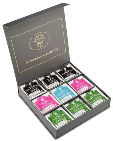 Exklusive Bio-Tee Geschenkbox mit Schwarzen, grünen, weißen Tees 45 Pyramiden, einzeln kuvertiert