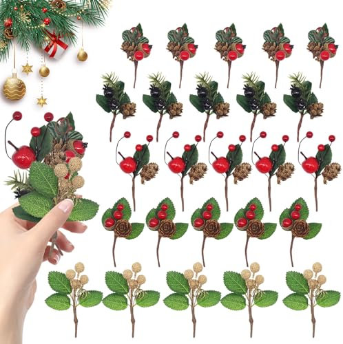 KUIRUNRX Rami Decorativi Con Coni di Larice, Bacche di Agrifoglio di Natale, Set di Rami di Pino Artificiale e Bacche Rosse Artificiali, Rami Decorativi per Ghirlande e Composizioni (20 Pezzi)
