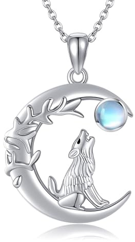 ONEFINITY Wolf Halskette 925 Sterling Silber Mondsichel Wolf Anhänger Mondstein Halskette Wolfs Schmuck Geschenke für Frauen