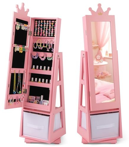FANTASK Kinder Schmuckschrank, 3 in 1 Spiegelschrank 360°drehbar mit Ganzkörperspiegel & Aufbewahrungskorb, Schmuckregal Schminkspiegel in Kronenform für Kinder ab 3 Jahren,Rosa