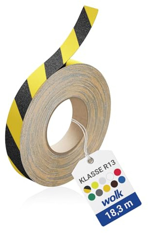 wolk Antirutsch Klebeband Gelb/Schwarz 25 mm x 18,3 m - R13 | Selbstklebendes Antirutschband für Treppe & Außen – zertifiziert nach BGR 181 – UV- & wetterfest