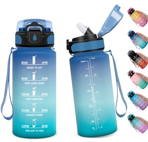 Sportflasche 500ml, Trinkflasche Sport Wasserflasche mit Zeitmarkierung, Auslaufsicher Wasserflasche mit Strohhalm, Sport Wasserflasche für Fitness, Camping, Fahhrad, Outdoor, Erwachsene, Wandern