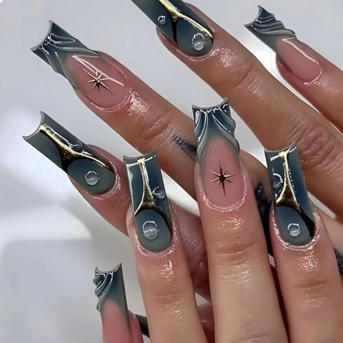 GlamRays Quadratische Falsche Nägel 24 Stück, Blau French Tip, Y2k Acrylnägel Goldstern, ABS Material, 12 verschiedene Größen, 1 Nagelkleber, Luxus Künstliche Nägel