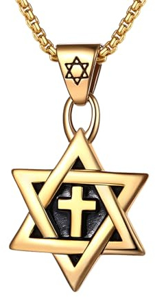 Flongo Davidstjärna kors halsband för män: Guld golf hexagonal stjärna david stjärna hänge biker punk kors judiskt israel kedja religiös amulett rostfritt stål far födelsedag män gåvor