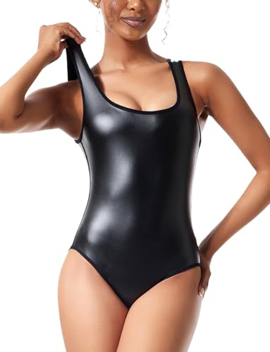 FEOYA Kurzärmeliger Overall Bodysuit Damen PU Leder Bodycon Jumpsuit Sexy Wetlook Playsuit Clubwear Sportbekleidung Outfit für Party Yoga Casual