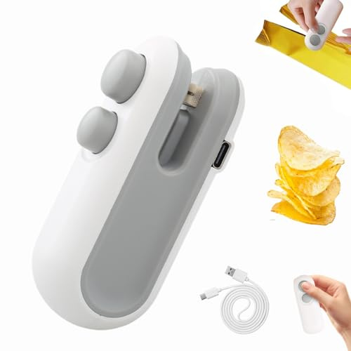 Mini Bag Sealer with Cutter and Magnet, Tragbarer Mini Folienschweißgerät, USB-aufladbarer Hand Snackbeutel Tüten Verschließer, Damit Lebensmittel frisch und Snacks knusprig bleiben (Weiß)