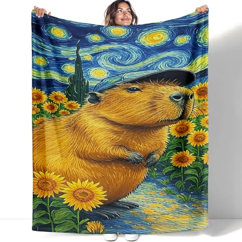 YISUMEI Capybara Decke 150x200cm, Sonnenblumen Van Gogh Stil Capybara Kuscheldecke, Sanft Flanell Weich Fleecedecke, Geeignet für Sofa Schlafzimmer Wohnzimmer Dekoration Wohndecke