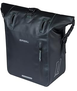 Basil Rivo Einzelne Fahrradtasche Gepäckträger – Wasserdicht 12-15L – Reflektierend – aus Tarpaulin – Mit MIK Hooks – 25X14X38 cm – Schwarz