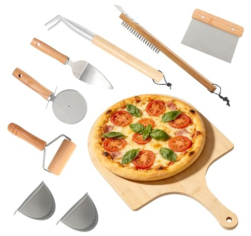 Pizza Oven Accessories Kit - Versatile 7 PCS Pizza Making Tools Kit for Home & Outdoor Ovens, Includes Pizza Peel, Oven Brush, Bubble Popper, Cutter Wheel,Pizza Spatula Server, Dough Roller & Scraper