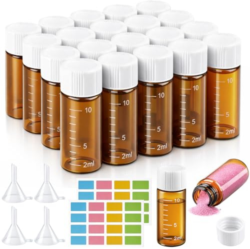 20 Stück 10ml Probe Fläschchen, Kleine Glasfläschchen mit weißem Schraubverschluss, Braun Probenahme Glasflaschen, Mini Glasflaschen mit Skala, Labor Fläschchen für Flüssigkeit Pulver