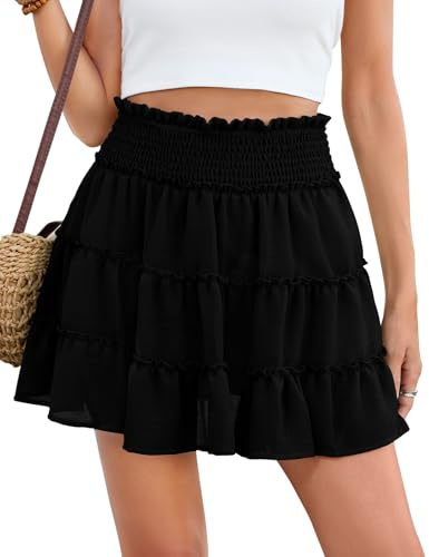 PASUDA Jupe Femme Mini Ete Chic et Elegant Elastique Taille Haute Courte Jupes Patineuse à Volants en Tulle Couleur Unie Jupe de Plage d'été Décontractée Fluide avec Short(Noir,M)