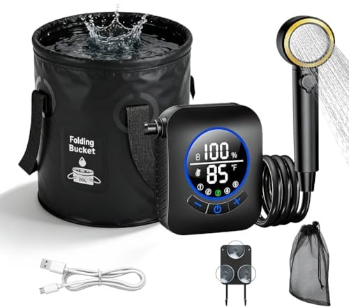 Zinueen Camping Dusche Set 2026 Upgrade, 6000mAh/8000mAh Akku & Smart Display, 5-Gallonen Eimer, 4-Modus Duschkopf für Outdoor Reisen, Camping Zubehör