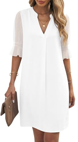 KISSMODA Women Summer Casual Dress Ruffle Sleeve V Neck Shift Shirt Dresses | Sheer Mesh Dot Ruffle Short Sleeve, Elegant Flowy Mini Dresses, Solid Vacation Beach Outfit, Wedding Guest Daily Work Clothes