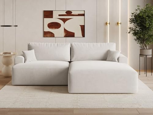GRAINGOLD Serene L Ecksofa modern mit Bettfunktion, 259x145 cm, L-Form Sofa, Schlafcouch für Wohnzimmer, Velvet-Stoff, 3-Sitzer Eckcouch, Ecksofa mit Bettkasten (Hellbeige, Rechts)