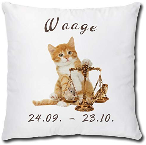 TRIOSK Kissen mit Katze Katzenmotiv Sternzeichen Waage Spruch lustig Katzen Geschenk für Katzenliebhaber Frauen Freundin Dekokissen 40x40