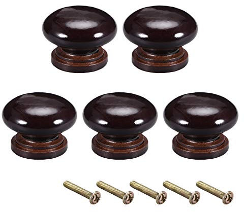 sourcing map Round Wood Knobs,5Pcs 34mm Dia Cabinet Furniture Kitchen Pulls Handles for Dresser Drawer Wardrobe, Dark Brown