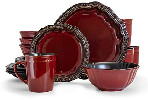 Elama EL-REGENCY16 Regency Service de table 16 pièces en grès avec réglage complet pour 4, 16 pièces Rouge