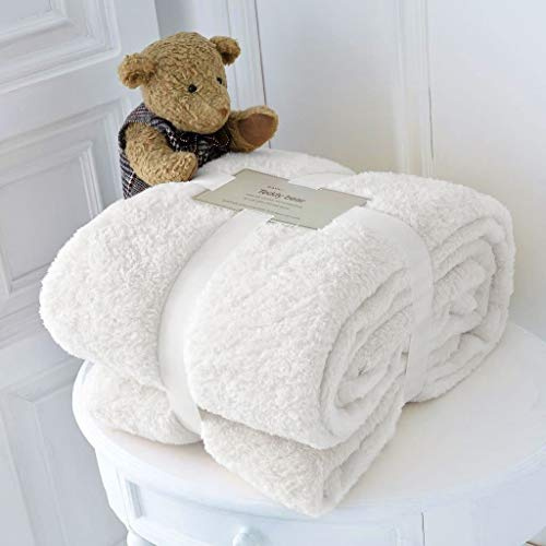 Teddy Fleece Throw Blanket Warm Soft Luxury Cuddly Sofa Bedspread Travel Throw (White, Double - 150 X 200cm)