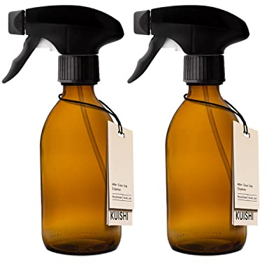 Kuishi - Bottiglia Spray Vuote in Vetro Ambrato [250 ml, Confezione da 2], Spruzzino Nebulizzatore per Piante, Pulizia e Giardinaggio, Bottiglie di Vetro Riciclato (Senza BPA)