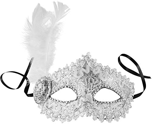 dressforfun 900888 Venezianische Maske mit seitlicher Feder für Damen, Augenmaske mit Stoffmuster, Zierborte und Strass für Ball Fasching Karneval Halloween - diverse Farben - (silber | Nr. 303548)