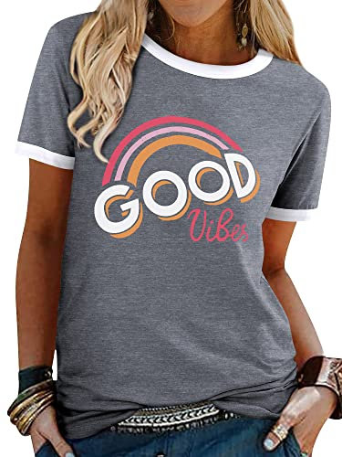 WIEIYM T Shirt Damen Good Vibes T-Shirt Kurzarm Rundhals Sommer Baumwollmischung Tshirt Tops(Hellgrau,L)