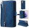 UEEBAI Hülle für Samsung Galaxy S21 FE 5G, Vintage Reißverschluss Handyhülle PU Leder Klapphülle Silikon Bumper mit 9 Kartenfächer Standfunktion Geldbörse Trageband Schutzhülle Wallet Case - Blau
