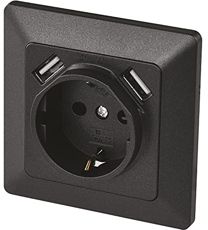 EMOS A6000.3 Prise encastrée avec 2 ports USB Schuko Système 55 Prise de contact de protection 5 V/2,1 A pour téléphone portable ou smartphone Anthracite 4000 W 250 V Noir