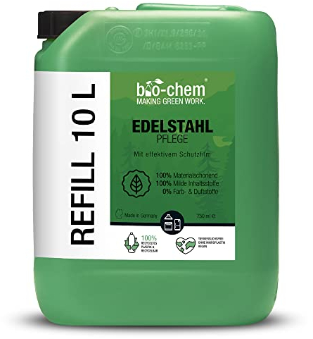 bio-chem Edelstahlreiniger - 10 Liter Kanister - Pflegespray für Küche, Haushalt und Grill aus Edelstahl, Aluminium sowie Chrom - Edelstahlpflege für strahlenden Glanz