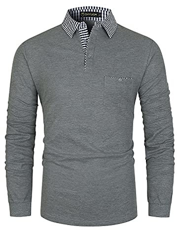 GHYUGR Men's Polo Shirt Long Sleeve Contrasting Plaid Splice Golf Tennis T-Shirt,Grey,L