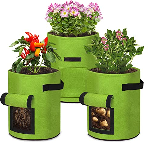 VA-Cerulean Pflanzen Tasche,Tragegriffen Pflanzsack im Garten,Balkon,Pflanztasche mit Sichtfenster und Klettverschluss,für Kartoffeln, Blumen, Pflanzen, Gemüs(3 Stück Grün,10 Gallonen)