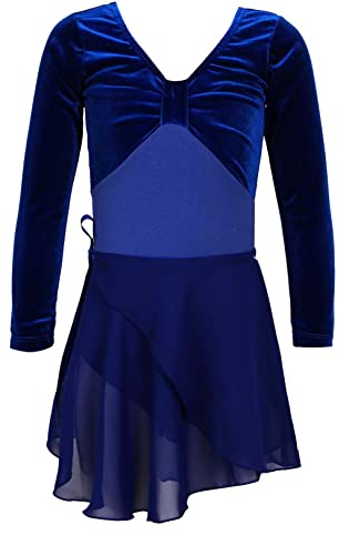 JEATHA Kinder Mädchen Samt Ballettanzug Langarm Turnanzug Ballett Trikot Body mit Ballettrock Mesh Tutu Rock Ballettkleidung Baumwolle Langarmshirts Turnbody Gymnastikanzug Royal Blau 134-140