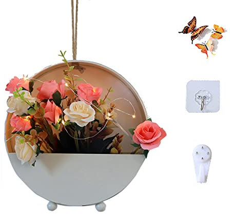 xixi-Home Juego de macetas Redondas de Metal para Colgar en la Pared, Maceta Redonda para Colgar en la Pared con Gancho de luz LED de Mariposa, para Sala de Estar, decoración de Pared, (Blanco)