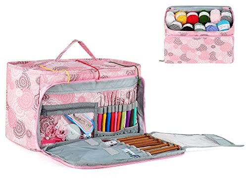 Aeelike Rosa Stricktasche Aufbewahrung, Übergröße Tragbar Handarbeitstasche für Garn, Dauerhaft Häkeltasche Aufbewahrung für Wolle, Häkelnadeln, Stricknadeln und Zubehör, Oxford-Stoff (nur Tasche)