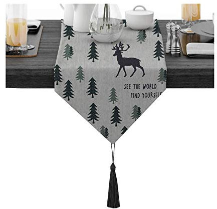 Tischdeko Zeitlos, Tischband Rot Schwarz Grün Elch im Wald Tischläufer Cotton 30x140CM