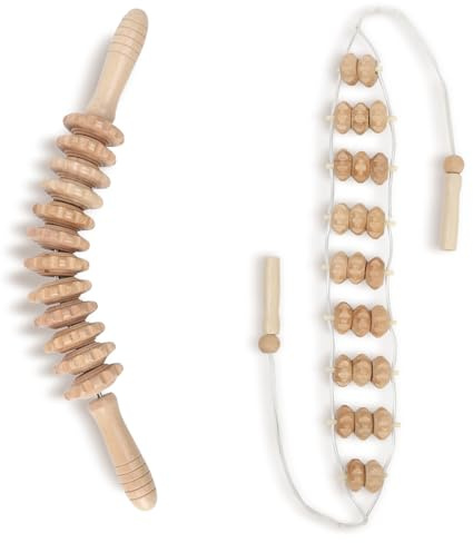 Mr.Woodware Wood Therapy Massage Tools - 2 Pcs Wooden Lymphatic Drainage Curved Roller Stick & Back Massager with Rope Massage Kit - Wood Massage Tools for Body Shaping, Sculpting, Maderoterapia