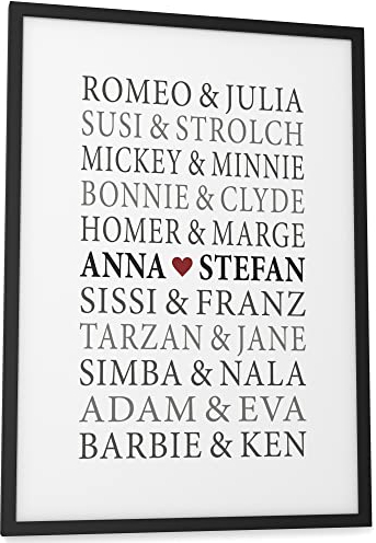 Papierschmiede® Paar Poster Personalisiert mit Namen, DIN A3 (30x42 cm) Rahmen wählbar, Hochzeitsgeschenk gerahmt, Namen, Geschenk Bild zum Jahrestag Wandbild zur Hochzeit „Romeo & Julia“