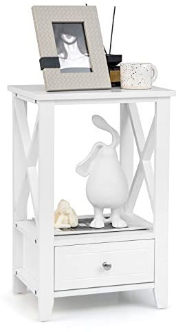 COSTWAY 2 Ebenen Nachttisch mit Schublade, Beistelltisch Holz, moderner Nachtschrank, Nachtkommode für Boxspringbett, 40 x 30 x 61,5 cm, Weiß