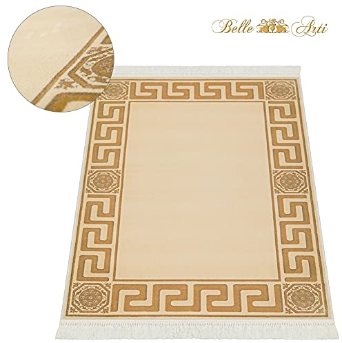 Premium Mäander Teppich Wohnzimmer Schlafzimmer Kurzflor in Creme Beige Gold - handgeküpfte Fransen Mäander Bordüre Antirutsch Antiallergisch Seidenglanz 100% Viskose - beige, 100x140 cm