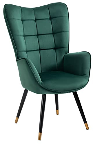 FURNISH 1 Fauteuil scandinave Chaise avec Un revêtement en Velours, accoudoirs rembourés et des Pieds en métal Noir et Or