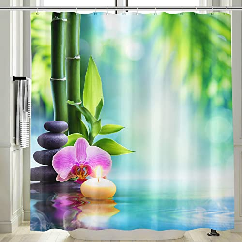 Vgzsyomqib 3D Zen Duschvorhang Antischimmel Wasserdicht für Badewanne Natur Orchidee Stoff Vorhang Shower Curtains 240x200 Lang Grün Bambus Blau Duschvorhänge Waschbar Textil mit Haken