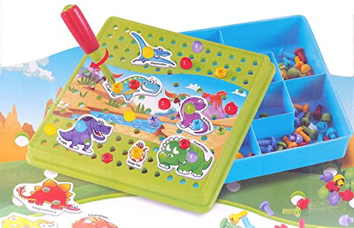 Brigamo 【𝙋𝙧𝙞𝙢𝙚 𝘿𝙚𝙖𝙡】 2in1 Dinosaurier Mosaik Steckspiel mit Spielschrauben und Steckperlen, Motorikspielzeug zum Schrauben
