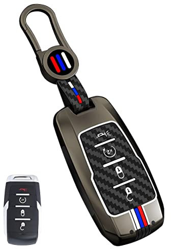 YONUFI Schutzhülle für Dodge Ram 1500 Schlüsselanhänger, Metallgehäuse, Smart-Schlüsselhalter-Schutz, Carbon Fiber, 4 Button