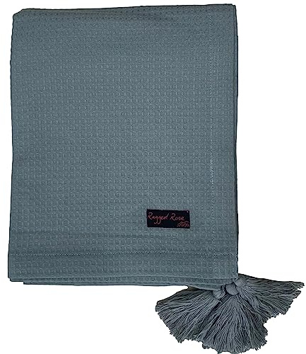 Ragged Rose Couvre-lit gaufré polyvalent en coton pour canapé et lit – Jeté d'intérieur et d'extérieur en pur coton gaufré avec pompons épais sur tous les coins – 140 cm x 180 cm, gris
