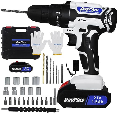 Cordless Drill Driver 21V with 2 Batteries 1500mAh, 45Nm Electric Driver DIY Combi Screwdriver Tool Kit with 29 Accessories, 25+1 Torque Setting, 3/8 Chuck, 2 Speed, LED Light for Home Office DIY